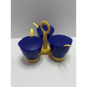 Tupperware Condiment Set  3 Blue Condiment Bowls w/yellow Spoons & Caddy EUC